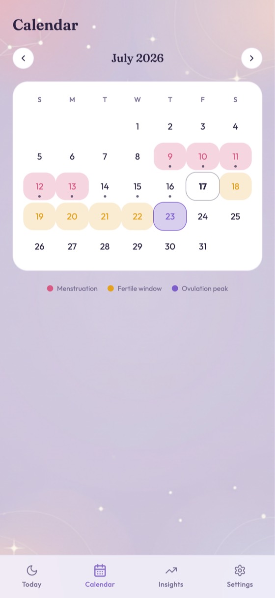 Emberly calendar view with period and fertile days marked