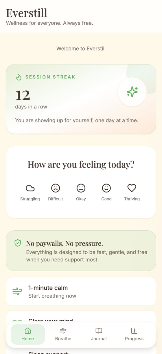 Everstill home screen showing a 12-day session streak, a mood check-in, and today's recommendations