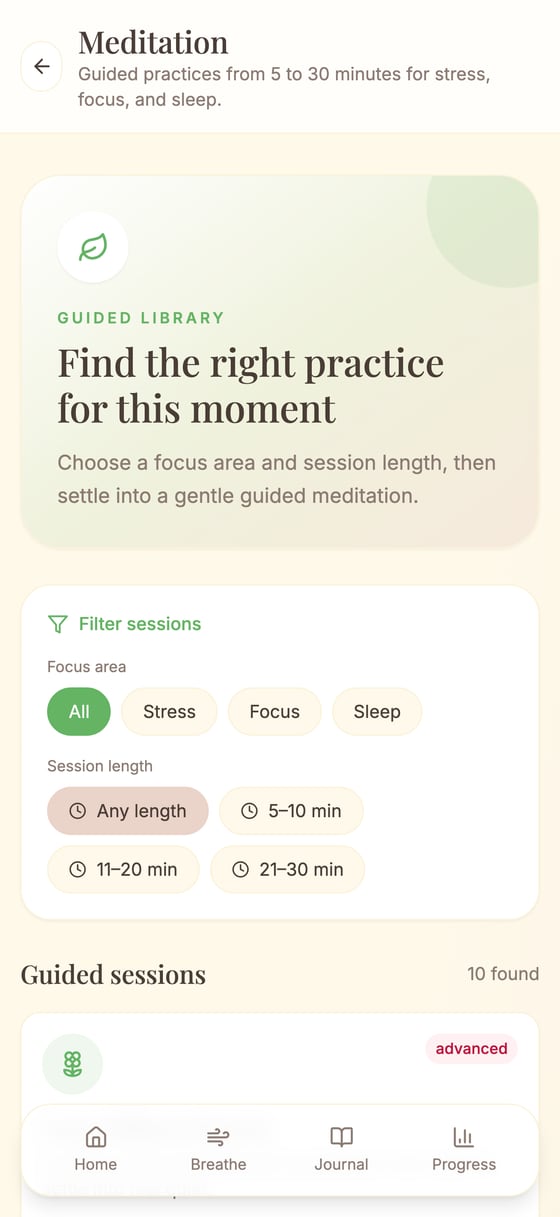Everstill meditation library with guided sessions listed by duration and difficulty