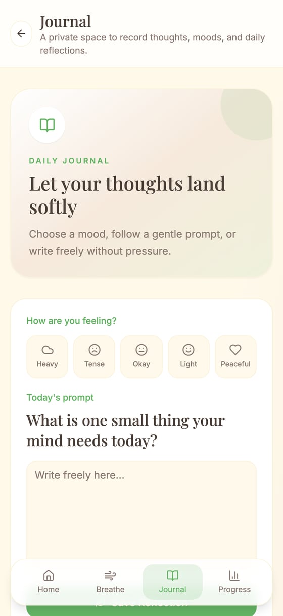 Everstill journal screen with a mood selector and today's writing prompt