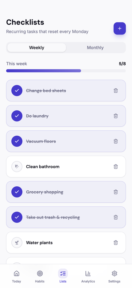 Weekly checklist with household tasks